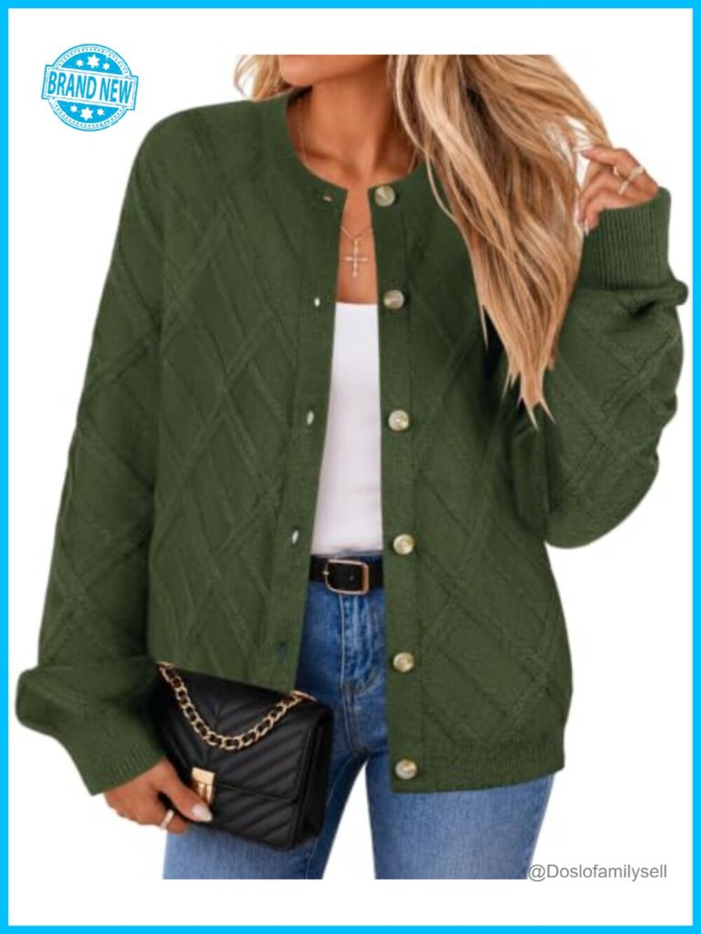 Cozy Button Up Cardigan Sweater Diamond Textured Knit Crew Neck Long Sleeve